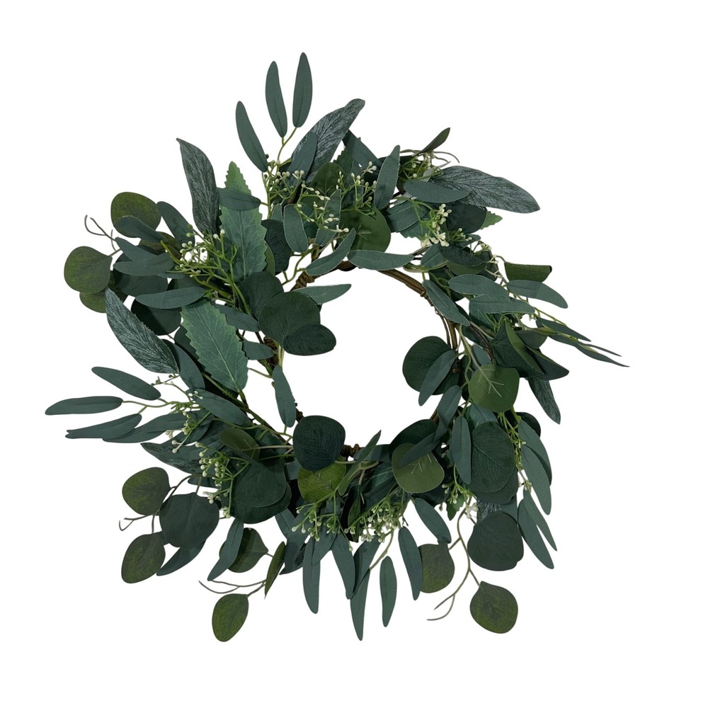 Faux Eucalyptus Mixed Greenery Wreath 16 Inch Round‎ Farmhouse Door Decor Green